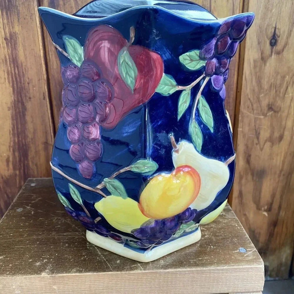 VTG Biscotti Cookie Jar Hand Painted Nonni's Dark Blue Fruit Ceramic Kitchen - Picture 9 of 11